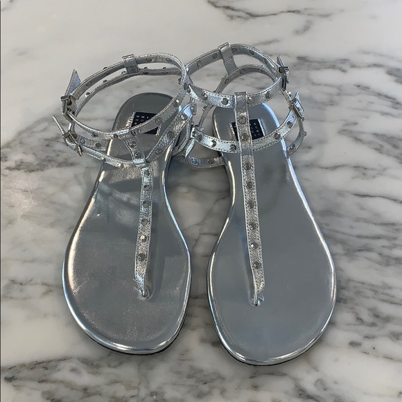 White House Black Market Shoes - WHBM Silver Flat Sandal with Buckle at Ankle